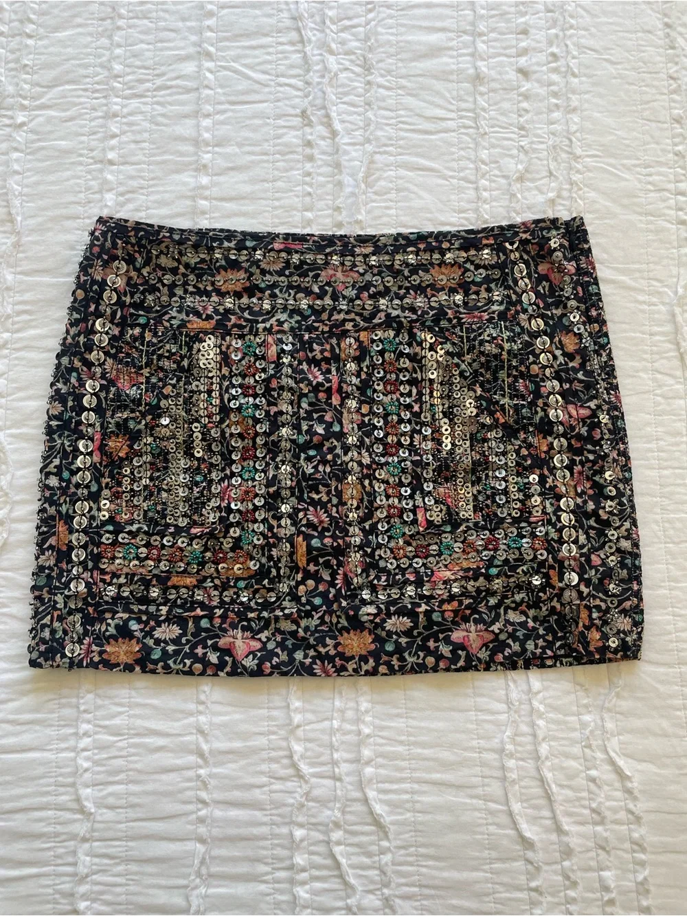 Free People Black Floral Beaded Mini Skirt | XS